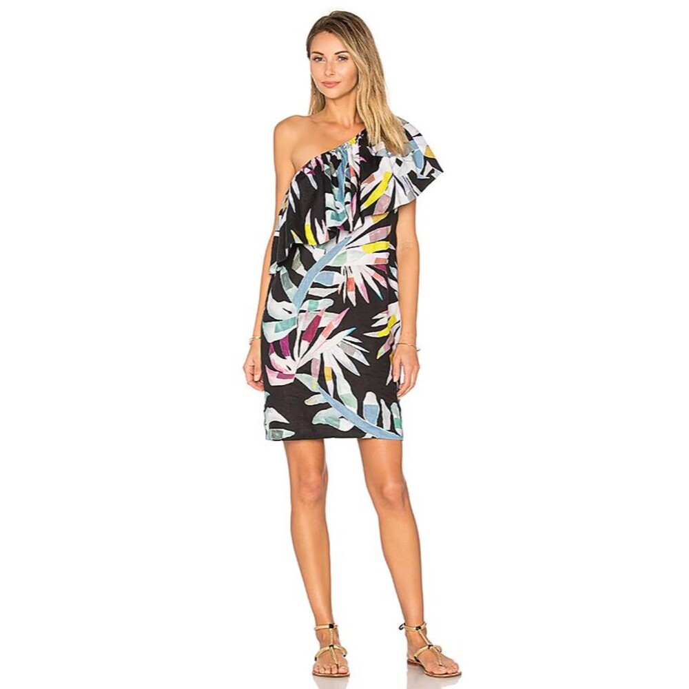 MARA HOFFMAN Dress Womens XS Black One Shoulder Anthropologie Floral Linen Mini
